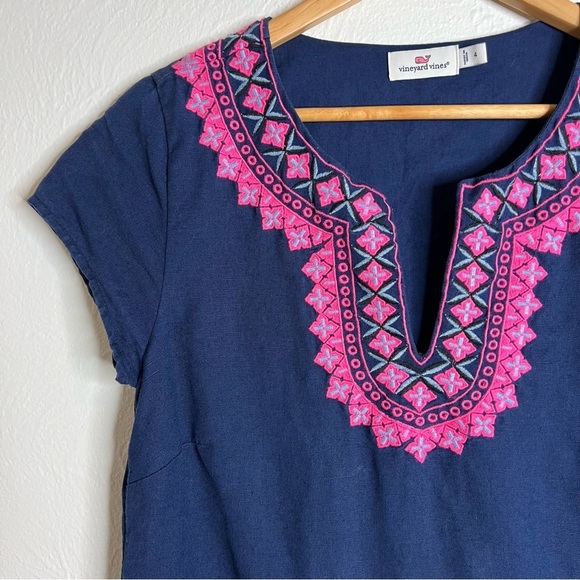 Vineyard Vines Navy Embroidered Dress Pink Geometric Cotton Linen Blend Size 4 - Picture 14 of 14